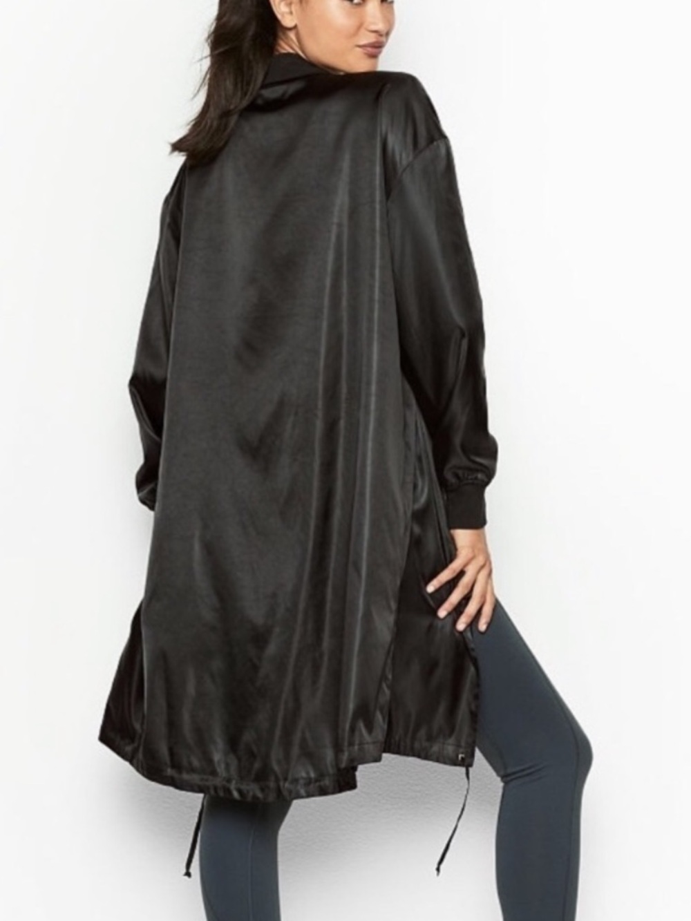 Victoriaโs Secret Sport Long Full Zip Snap Front Tie Hem Bomber Jacket